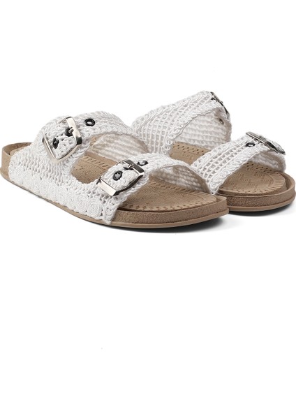 Kadın Beyaz Hasır Terlik Örgü Dantel Nakış Işlemeli Triko Yazlık Tatil Ev Günlük Terlik