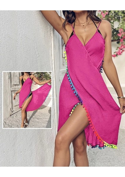 Kadın Askılı Derin V Yakalı Çapraz Geçmeli Ponponlu Bürümcük Pareo indirimleri