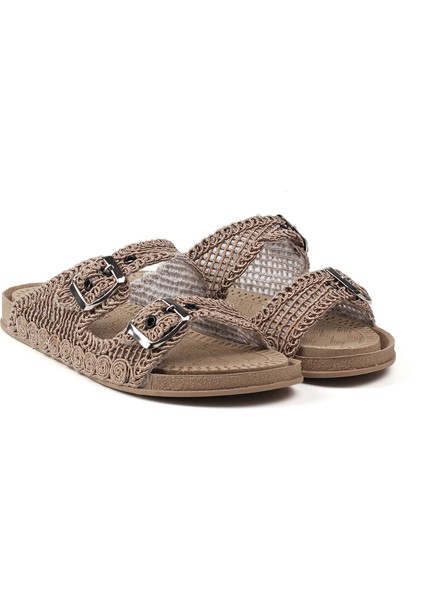 Kadın Camel Hasır Terlik Örgü Dantel Nakış Işlemeli Triko Yazlık Tatil Ev Günlük Terlik