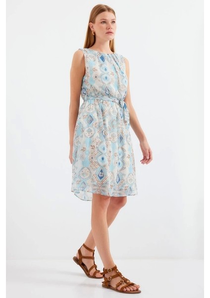 2501 Desenli Sıfır Kol Şifon Elbise - Mavi indirimleri