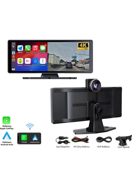 4K 10.2 Inç Carplay Android Auto Uyumlu Çift Kameralı Araç Multimedya Ekran