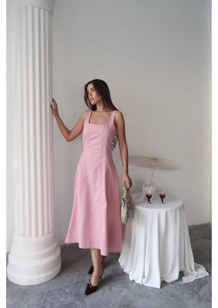 Pembe Çift Dikişli Gabardin Elbise