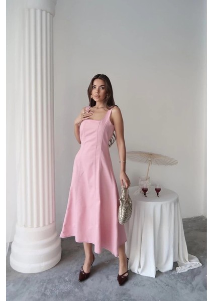 Pembe Çift Dikişli Gabardin Elbise fiyatları