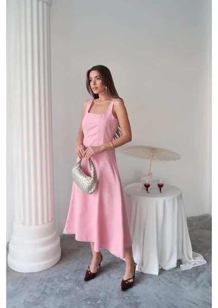 Pembe Çift Dikişli Gabardin Elbise modelleri