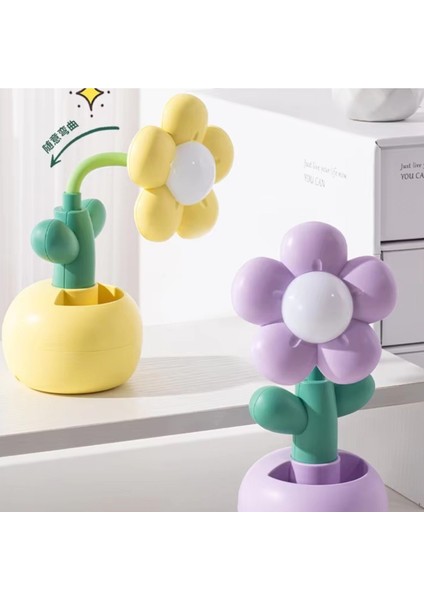 USB Şarjlı Çiçek Tasarımlı LED Masa Lambası – Kalemlikli Gece Lambası-Mor modelleri