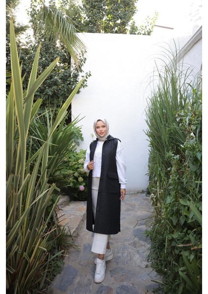 Kapşonlu Düğmeli Kolsuz Cepli Kapitone Uzun Yelek - (38-46) - 71308 - Siyah