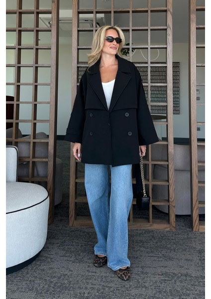 Siyah Oversize Düşük Omuz Kısa Trenç - 9580