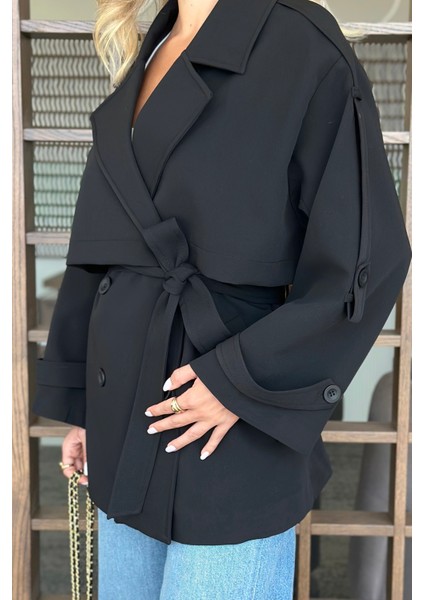 Siyah Oversize Düşük Omuz Kısa Trenç - 9580 fiyatları