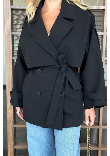 Siyah Oversize Düşük Omuz Kısa Trenç - 9580 fırsatları