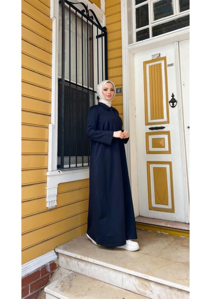 Yakalı Dirsek Kemer Detaylı Pamuklu Uzun Ferace - (38-46) - 71170 - Lacivert modelleri