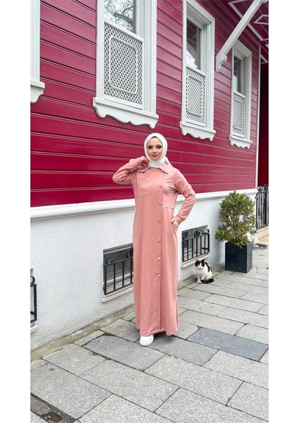Yakalı Cepli Yandan Düğmeli Pamuklu Uzun Ferace - (38-46) - 71176 - Pudra