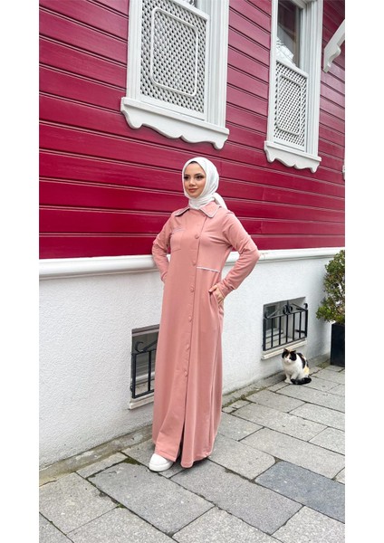 Yakalı Cepli Yandan Düğmeli Pamuklu Uzun Ferace - (38-46) - 71176 - Pudra indirimleri