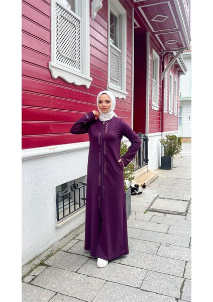O Yaka Fermuarlı Yan Cepli Pamuklu Uzun Ferace - (38-46) - 71179 - Mürdüm fiyatları
