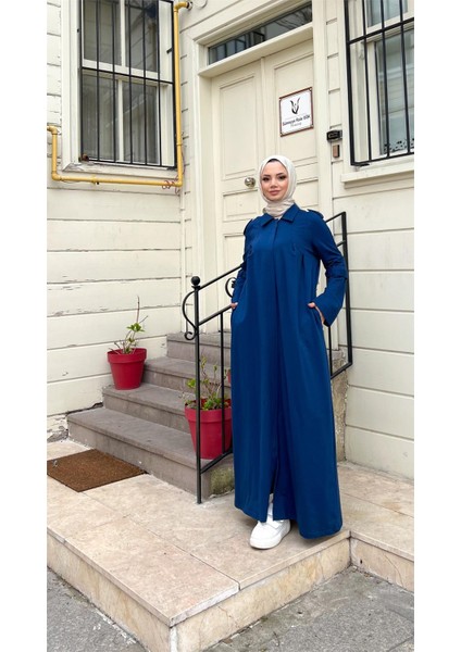 Yakalı Dirsek Kemer Detaylı Pamuklu Uzun Ferace - (38-46) - 71170 - Indigo
