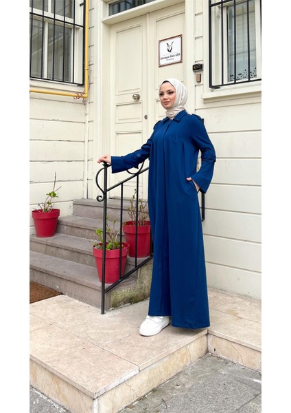 Yakalı Dirsek Kemer Detaylı Pamuklu Uzun Ferace - (38-46) - 71170 - Indigo fiyatları