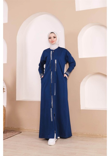 Taş Detaylı Fermuarlı Cepli Uzun Ferace - (38-46) - 71181 - Indigo