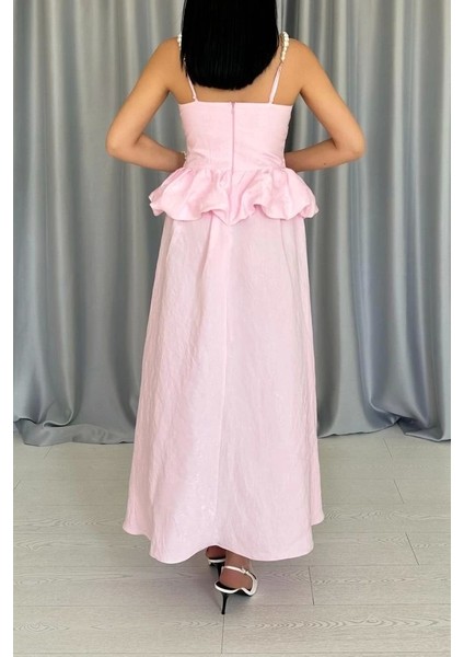 Pembe Beli Büzgülü Inci Askılı Uzun Elbise fırsatları