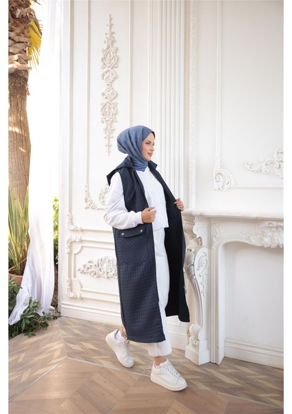 Kapşonlu Fermuarlı Cepli Kolsuz Önden Cepli Kapitone Uzun Yelek - (38-46) - 71309 - Lacivert fiyatları