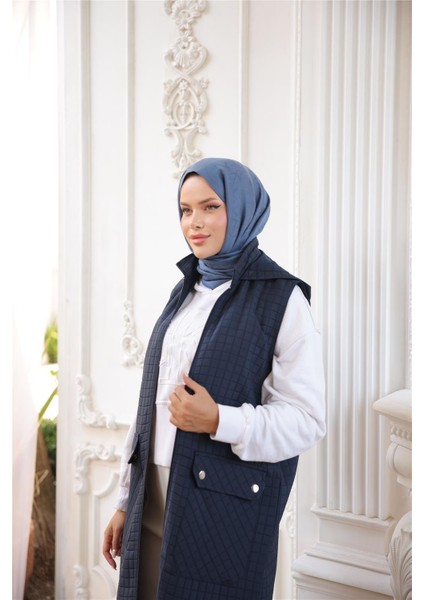 Kapşonlu Fermuarlı Cepli Kolsuz Önden Cepli Kapitone Uzun Yelek - (38-46) - 71309 - Lacivert modelleri