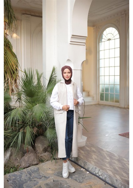 Kapşonlu Fermuarlı Cepli Kolsuz Önden Cepli Kapitone Uzun Yelek - (38-46) - 71309 - Bej