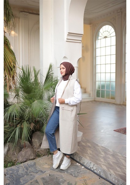 Kapşonlu Fermuarlı Cepli Kolsuz Önden Cepli Kapitone Uzun Yelek - (38-46) - 71309 - Bej fiyatları