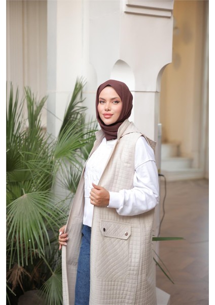 Kapşonlu Fermuarlı Cepli Kolsuz Önden Cepli Kapitone Uzun Yelek - (38-46) - 71309 - Bej modelleri