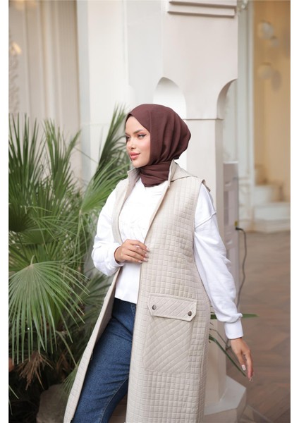 Kapşonlu Fermuarlı Cepli Kolsuz Önden Cepli Kapitone Uzun Yelek - (38-46) - 71309 - Bej fırsatları