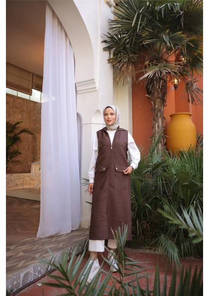 Kapşonlu Fermuarlı Cepli Kolsuz Önden Cepli Kapitone Uzun Yelek - (38-46) - 71309 - Kahverengi fiyatları