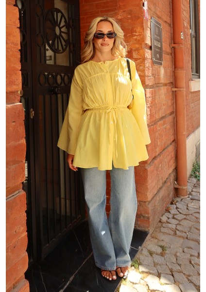 Sarı Bel Detaylı Vual Keten Gömlek