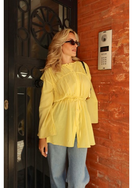Sarı Bel Detaylı Vual Keten Gömlek modelleri