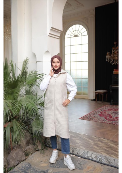 Kapşonlu Fermuarlı Kolsuz Yandan Cepli Kapitone Yelek - (38-46) - 71311 - Bej