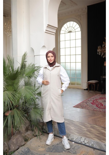 Kapşonlu Fermuarlı Kolsuz Yandan Cepli Kapitone Yelek - (38-46) - 71311 - Bej fiyatları