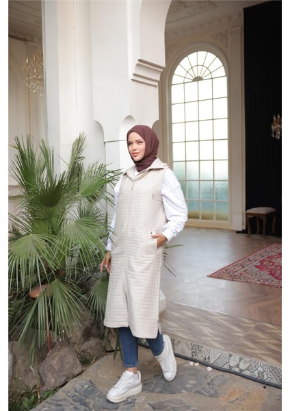 Kapşonlu Fermuarlı Kolsuz Yandan Cepli Kapitone Yelek - (38-46) - 71311 - Bej modelleri