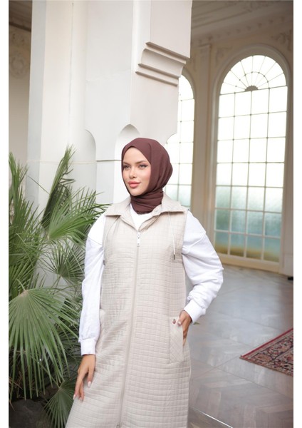 Kapşonlu Fermuarlı Kolsuz Yandan Cepli Kapitone Yelek - (38-46) - 71311 - Bej fırsatları