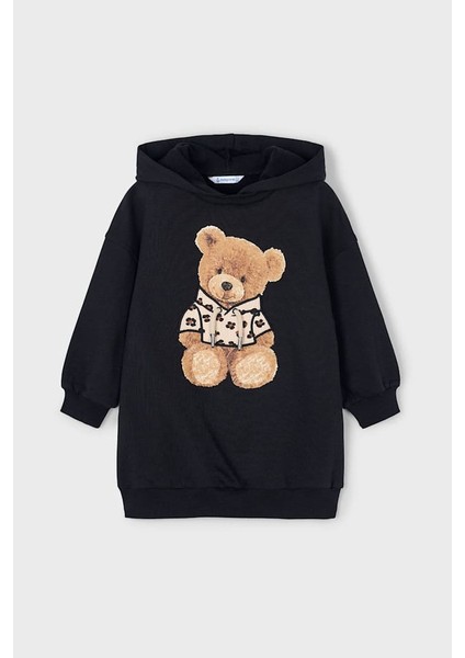 Kız Çocuk Ayı Baskılı Kapüşonlu Sweatshirt Elbise - Siyah