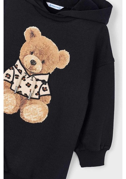 Kız Çocuk Ayı Baskılı Kapüşonlu Sweatshirt Elbise - Siyah modelleri