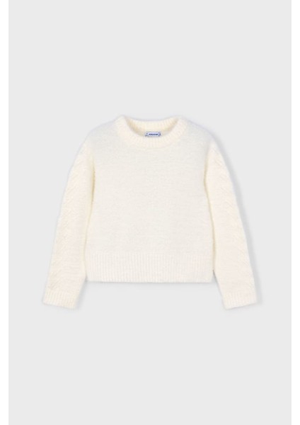 Kız Çocuk Kolları Desenli Yumuşak Dokulu Triko Kazak - Ekru