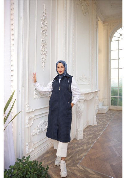 Kapşonlu Fermuarlı Kolsuz Yandan Cepli Kapitone Yelek - (38-46) - 71311 - Lacivert fiyatları