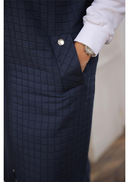 Kapşonlu Fermuarlı Kolsuz Yandan Cepli Kapitone Yelek - (38-46) - 71311 - Lacivert indirimleri