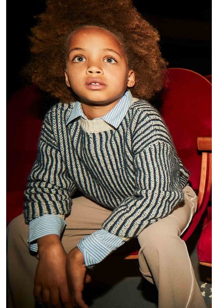 Kız Çocuk Çizgili Triko Kazak – Yeşil