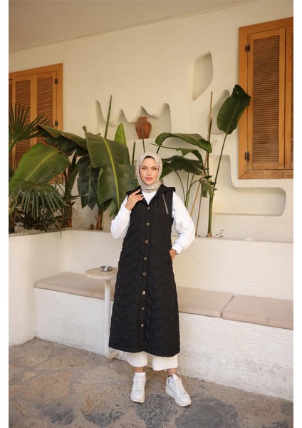 Kapşonlu Çıtçıtlı Kolsuz Cepli Kapitone Uzun Yelek - (38-46) - 71310 - Siyah