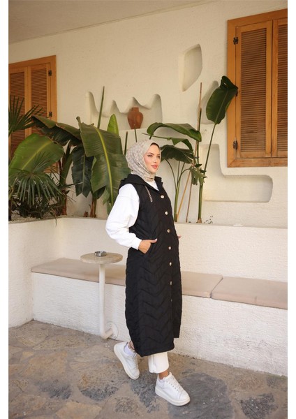 Kapşonlu Çıtçıtlı Kolsuz Cepli Kapitone Uzun Yelek - (38-46) - 71310 - Siyah fiyatları