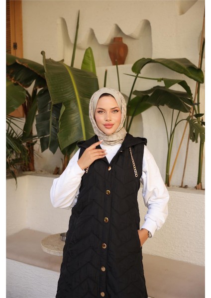 Kapşonlu Çıtçıtlı Kolsuz Cepli Kapitone Uzun Yelek - (38-46) - 71310 - Siyah modelleri