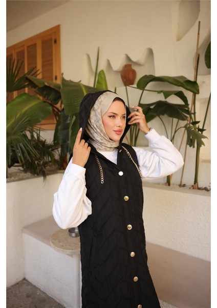 Kapşonlu Çıtçıtlı Kolsuz Cepli Kapitone Uzun Yelek - (38-46) - 71310 - Siyah fırsatları