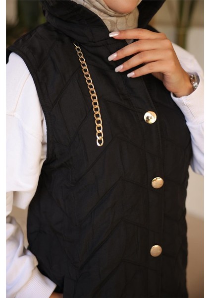 Kapşonlu Çıtçıtlı Kolsuz Cepli Kapitone Uzun Yelek - (38-46) - 71310 - Siyah indirimleri