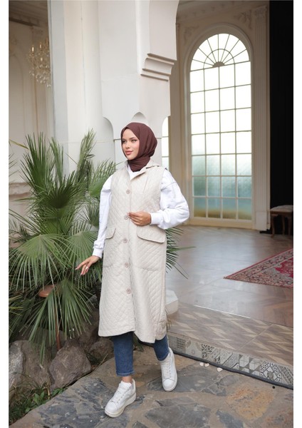 Kapşonlu Düğmeli Kolsuz Cepli Kapitone Uzun Yelek - (38-46) - 71308 - Bej