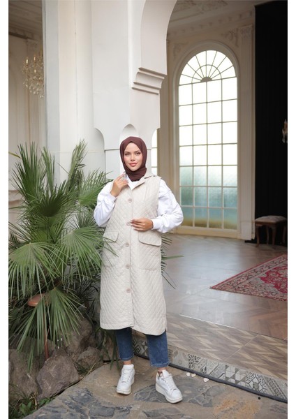 Kapşonlu Düğmeli Kolsuz Cepli Kapitone Uzun Yelek - (38-46) - 71308 - Bej fiyatları