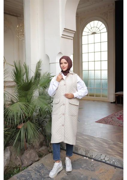 Kapşonlu Düğmeli Kolsuz Cepli Kapitone Uzun Yelek - (38-46) - 71308 - Bej modelleri