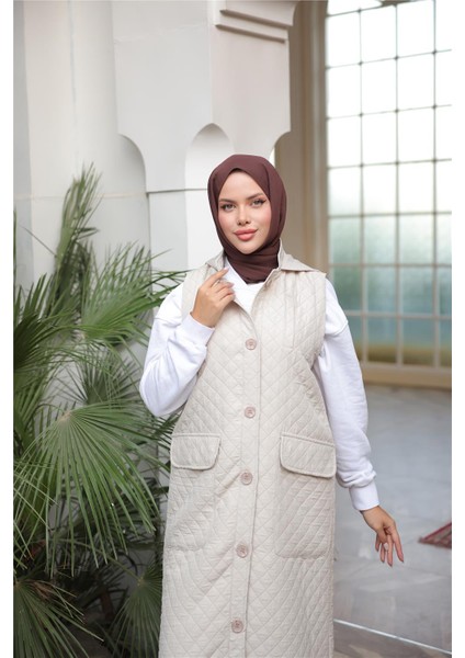 Kapşonlu Düğmeli Kolsuz Cepli Kapitone Uzun Yelek - (38-46) - 71308 - Bej fırsatları