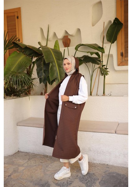 Kapşonlu Fermuarlı Cepli Kolsuz Önden Cepli Kapitone Uzun Yelek - (38-46) - 71309 - Kahverengi indirimleri